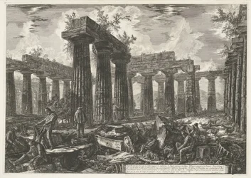 Basilica di Paestum i Paestum Autre vue interior des restes du Collège supposé des Anfictions (titel på objekt) Forskellige visninger af resterne af tre store bygninger, der stadig står ved Paestum (serietitel) Forskellige vues de quelques