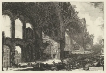Basilica van Maxentius te Rom Udsigt over resterne af Tablino af Neros Gyldne Hus, almindeligvis kendt som Fredens Tempel (titel på objektet) Gezichten op Rom (serietitel) Udsigt over Rom designet og indgraveret af Giambattista Piranesi-arkitekten Ve