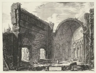 Bibliotheek i de Villa Adriana t og Tivoli Rester af et værelse tilhørende Castro Pretorio i Villa Adriana i Tivoli (titel på objekt) Gezichten op Rom (serietitel) Udsigt over Rom designet og indgraveret af Giambattista Piranesi-arkitekten Ve (nez) i