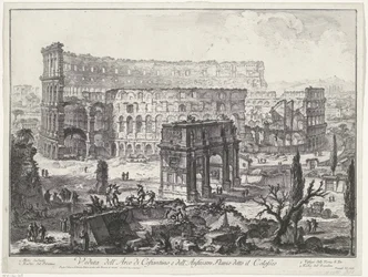Boog van Constantijn på Colosseum i Rom Udsigt over Konstantins bue og det flaviske amfiteater kendt som Colosseum (titel på objektet) Gezichten op Rom (serietitel) Udsigt over Rom designet og indgraveret af Giambattista Piranesi-arkitekten Ve (nez) ian