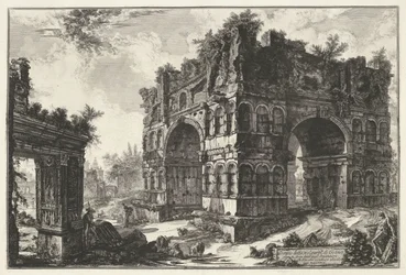 Boog van Janus en de Boog van de geldwisselaars te Rom Tempel kaldet volgarm.te di Giano (titel på objekt) Gezichten op Rom (serietitel) Udsigt over Rom designet og indgraveret af Giambattista Piranesi-arkitekten Ve (nez) iano (serietitel)