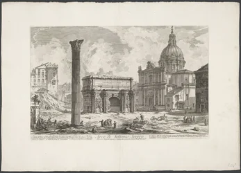 Boog van Septimius Severus på Forum Romanum Bue af Septimius Severus (...) (titel på objekt) Gezichten op Rom (serietitel) Udsigt over Rom designet og indgraveret af Giambattista Piranesi-arkitekten Ve (nez) iano (serietitel)