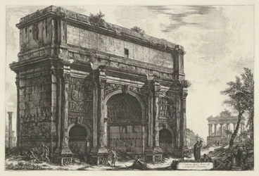 Boog van Septimius Severus te Rom Udsigt over Septimius Severus bue (titel på objekt) Gezichten op Rom (serietitel) Udsigt over Rom designet og indgraveret af Giambattista Piranesi-arkitekten Ve (nez) iano (serietitel)