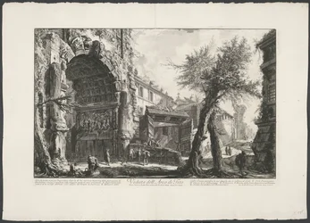 Boog van Titus i Rom Udsigt over Titusbuen (titel på objekt) Gezichten op Rom (serietitel) Udsigt over Rom designet og indgraveret af Giambattista Piranesi-arkitekten Ve (nez) iano (serietitel)