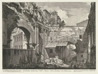 Interieur van de Porticus van Octavia te Rom Indvendigt billede af Atrium i Portico of Octavia (titel på objekt) Gezichten op Rom (serietitel) Udsigt over Rom designet og indgraveret af Giambattista Piranesi-arkitekten Ve (nez) iano (serietitel)