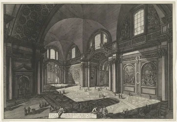 Interieur van de Santa Maria degli Angeli og dei Martiri i Rom Indvendigt billede af kirken Madonna degli Anioli della della Certosa, som var gammel og var hovedhallen i Diocletians bade (titel på objektet) Gezichten op Rom (serietitel)
