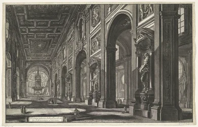 Interieur van de Sint-Jan van Lateranen te Rom Indvendigt billede af basilikaen S. Giovanni Laterano (titel på objektet) Gezichten op Rom (serietitel) Udsigt over Rom designet og indgraveret af Giambattista Piranesi-arkitekten Ve (nez) iano (serietitel)