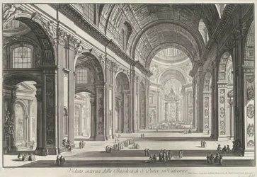 Interieur van de Sint-Pietersbasiliek te Vaticaanstad Indvendigt billede af Peterskirken i Vatikanet (titel på objektet) Gezichten op Rom (serietitel) Udsigt over Rom designet og indgraveret af Giambattista Piranesi-arkitekten Ve (nez) iano (serie ti