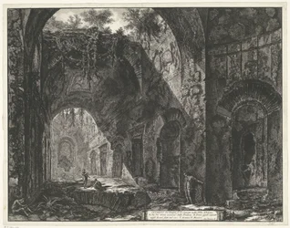 Interieur van de Tempel van de god Canopus i de Villa Adriana t og Tivoli Interiør af Canopus-templet i Villa Adriana (titel på objekt) Gezichten op Rom (serietitel) Udsigt over Rom designet og indgraveret af Giambattista Piranesi-arkitekten Ve (ne