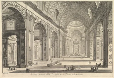 Indvendig udsigt af St. Peters Basilica i Vatikanet, fra Vedute di Roma Roman Views, ca. 1748.