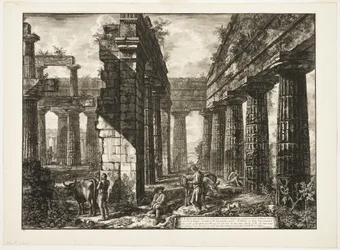 Indvendigt billede af resterne af en af pronaoi af Neptuntemplet, som vender ind i landet, fra forskellige udsigter over Paestum