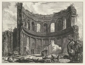 Kleine paleis i Villa Adriana t og Tivoli Rester af templet kaldet Appollo i Hadrians villa nær Tivoli (titel på objektet) Gezichten op Rom (serietitel) Udsigt over Rom designet og indgraveret af Giambattista Piranesi-arkitekten Ve (nez) iano (series