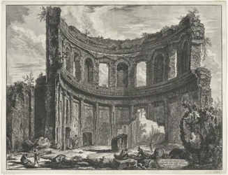 Kleine paleis i Villa Adriana t og Tivoli Rester af templet kaldet Appollo i Hadrians villa nær Tivoli (titel på objektet) Gezichten op Rom (serietitel) Udsigt over Rom designet og indgraveret af Giambattista Piranesi-arkitekten Ve (nez) iano (serien