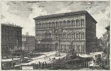 Palazzo Farnese i Rom Udsigt over Palazzo Farnese (titel på objekt) Gezichten op Rom (serietitel) Udsigt over Rom designet og indgraveret af Giambattista Piranesi-arkitekten Ve (nez) iano (serietitel)