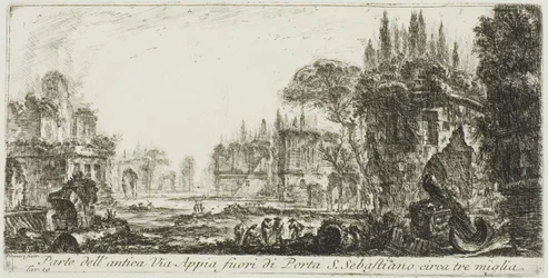 En del af den antikke Appian Way omkring tre miles uden for Porta S. Sebastiano, plade 19 fra Some Views of Triumphal Arches og andre monumenter