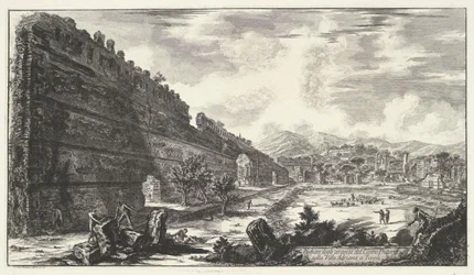 Pecile i Villa Adriana t og Tivoli Udsigt over resterne af Castro Pretorio i Villa Adriana i Tivoli (titel på objektet) Gezichten op Rom (serietitel) Udsigt over Rom designet og indgraveret af Giambattista Piranesi-arkitekten Ve (nez) iano (serietitel