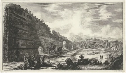 Pecile in de Villa Adriana t og Tivoli Udsigt over resterne af Castro Pretorio i Villa Adriana i Tivoli (titel på objektet) Gezichten op Rom (serietitel) Udsigt over Rom designet og indgraveret af Giambattista Piranesi-arkitekten Ve (nez) iano (serietitel