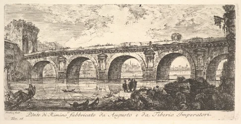 Plade 16: Broen ved Rimini bygget af kejserne Augustus og Tiberius Ponte di R..., ca. 1748.