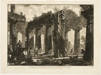 Set bagfra af resterne af pronaos af Neptuntemplet, tegnet i de to foregående plader, fra Forskellige udsigter over Paestum