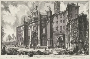 Santa Croce i Gerusalemme te Rom Udsigt over facaden af ​​basilikaen S. Croce i Gerusalemme (titel på objektet) Gezichten op Rom (serietitel) Udsigt over Rom designet og indgraveret af Giambattista Piranesi-arkitekten Ve (nez) iano (serietitel)