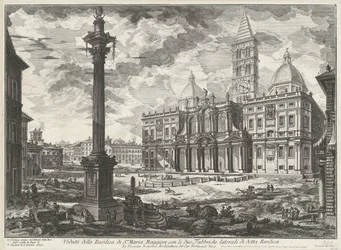 Santa Maria Maggiore i Rom Udsigt over basilikaen Santa Maria Maggiore med de to sidefabrikker af nævnte basilika (titel på objektet) Gezichten op Rom (serietitel) Udsigt over Rom designet og indgraveret af Giambattista Piranesi-arkitekten Ve (nez) bl.a
