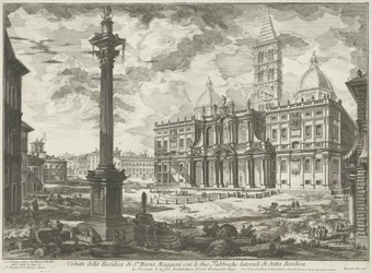 Santa Maria Maggiore i Rom Udsigt over basilikaen Santa Maria Maggiore med de to sidefabrikker af nævnte basilika (titel på objektet) Gezichten op Rom (serietitel) Udsigt over Rom designet og indgraveret af Giambattista Piranesi-arkitekten Ve (nez) bl.a