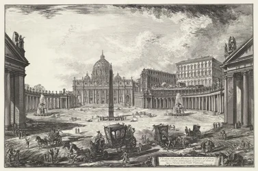 Sint-Pietersplein med de Sint-Pietersbasiliek te Vaticaanstad Udsigt over den store plads og Peterskirken (...) (titel på objektet) Gezichten op Rom (serietitel) Udsigt over Rom designet og indgraveret af Giambattista Piranesi-arkitekten Ve (nez) iano (s