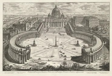 Sint-Pietersplein med de Sint-Pietersbasiliek te Vaticaanstad Udsigt over den berømte Vatikanbasilika med dens store Portico og tilstødende Piazza (titel på objektet) Gezichten op Rom (serietitel) Udsigt over Rom designet og indgraveret af Giambattista Pir