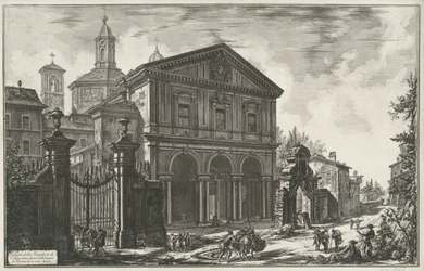 Sint-Sebastiaan buiten de Muren te Rom Udsigt over basilikaen S. Sebastiano uden for Roms mure, på Via Appia (titel på objektet) Gezichten op Rom (serietitel) Udsigt over Rom designet og indgraveret af Giambattista Piranesi-arkitekten Ve (nez) ian