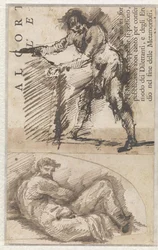 Studie af en stående mandlig figur, der måler en sokkel op (a). Studie efter Michelangelos Il Giorno (b)