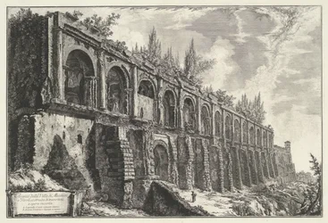 Tempel van Hercules Victor t og Tivoli Rester af Villa di Mecenate i Tivoli, bygget af travertiner af usikkert værk (titel på objekt) Gezichten op Rom (serietitel) Udsigt over Rom designet og indgraveret af Giambattista Piranesi-arkitekten Ve (nez) iano (