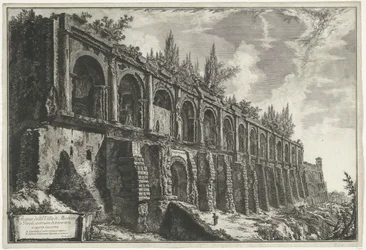 Tempel van Hercules Victor t og Tivoli Rester af Villa di Mecenate i Tivoli, bygget af travertiner af usikkert værk (titel på objekt) Gezichten op Rom (serietitel) Udsigt over Rom designet og indgraveret af Giambattista Piranesi-arkitekten Ve (nez) iano (