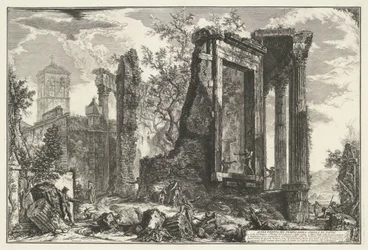 Tempel van Vesta en de Tempel van de Tiburtijnse Sibille i Tivoli En anden udsigt over Sibyllens tempel i Tivoli (titel på objektet) Gezichten op Rom (serietitel) Udsigt over Rom designet og indgraveret af Giambattista Piranesi-arkitekten Ve (nez) iano (se