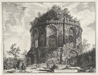 Hostetemplet ved Tivoli Udsigt over templet, kaldet della Tosse på Via Tiburtina, en kilometer nær Tivoli (titel på objektet) Gezichten op Rom (serietitel) Udsigt over Rom designet og indgraveret af Giambattista Piranesi-arkitekten Ve (nez) iano (seri)