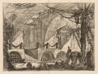Fængslerne: Et buet kammer med stolper og kæder, 1745-1750.