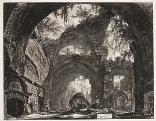 Thermen i de Villa Adriana t og Tivoli Ruinerne af et galleri med statuer i Hadrians villa i Tivoli (titel på objektet) Gezichten op Rom (serietitel) Udsigt over Rom designet og indgraveret af Giambattista Piranesi-arkitekten Ve (nez) iano (serietitel)