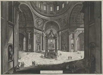 Transept van de Sint-Pietersbasiliek te Vaticaanstad Indvendigt billede af Peterskirken i Vatikanet nær Tribuna (titel på objektet) Gezichten op Rom (serietitel) Udsigt over Rom designet og indgraveret af Giambattista Piranesi-arkitekten Ve (