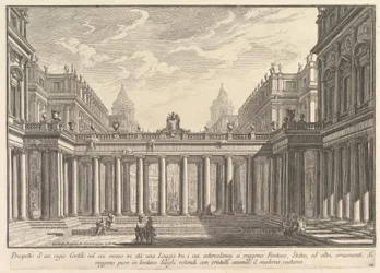 Udsigt over en gårdhave med en loggia, springvand, statuer og andre ornamenter Prospetto ..., ca. 1750.