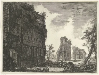 Villa Adriana t og Tivoli Udsigt over resterne af omkredsen af ​​de gamle fabrikker på en af ​​pladserne i Villa Adriana (titel på objektet) Gezichten op Rom (serietitel) Udsigt over Rom designet og indgraveret af Giambattista Piranesi-arkitekten Ve (