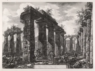 Udsigt over resterne af pronaos på bygningen, der kan betragtes som amfiktyonernes kollegium, fra Forskellige udsigter over Paestum