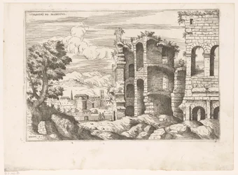 Se på Colosseum og omgivelserne i Rom Colosseum ro prospekt (titel på objekt) Romerske ruiner (serietitel) Nogle vigtige monumenter fra den romerske oldtid (...) (serietitel)