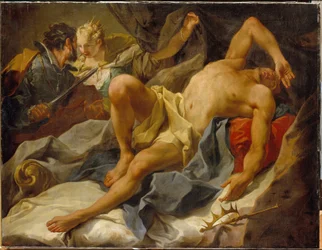 Kong Candaules død (eller Sadyatte eller Myrsile, konge af Lydia, 8. århundrede f.Kr.). (Death Of King Candaules) - Myrdet af Gyges, hans fortrolige og rival, som stikker ham og gifter sig med hans kone Dronning Tudo - Maleri af Giambattista (Giovan Battis