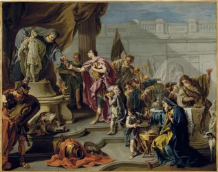 Afrikaneren Scipion (Publius Cornelius Scipio Africanus) (235-183 f.Kr.) hylder guden Mars (Scipio hylder Mars) - Maleri af Giovan Battista Pittoni (1687-1767), olie på lærred (71,7x91,1 cm) - Privat samling