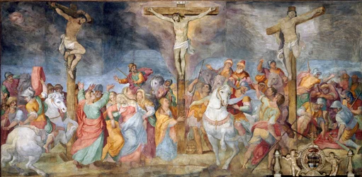 Korsfæstelsen, INRI-indskrift på korset. På siderne ses den gode røver, også kaldet Sankt Dismas (eller Dysmas, Dimas, Dumas), og den onde røver (Gesmas eller Gestas), to røvere korsfæstet sammen med Jesus Kristus. Fresko af Giovanni B
