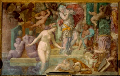 School of Fontainebleau: Venus ved springvandet. Maleri af Giovanni Battista af Jacopo Rosso (1494-1541)