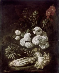 Stilleben af blomster og grøntsager, 1650