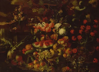 Stilleben med frugt, grøntsager og blomster