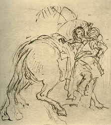 En rytter lænet sig op ad sin hest, c1740