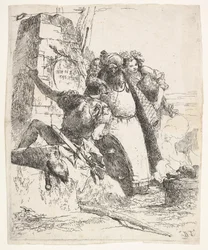 En scene af nekromanti: en kvinde med et fartøj, en mand med turban og et soldatblik..., ca. 1743-57.