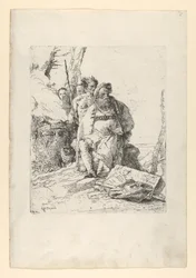Tryllekunstner med fire figurer nær et rygende alter, fra Scherzi, ca. 1743-52.